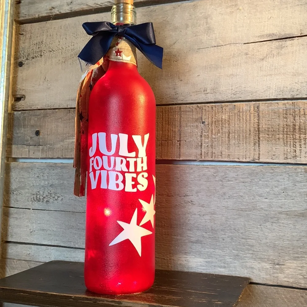 Hand Crafted- Hand Painted Red ‘July Fourth Vibes’ Win Bottle Lantern